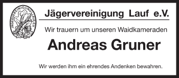 Traueranzeige von Andreas Gruner von Pegnitz-Zeitung